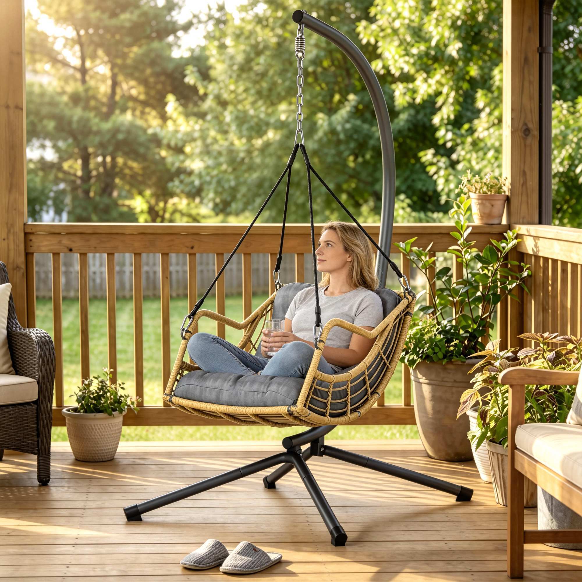 Fauteuil suspendu design résine tressée avec support acier et épais coussin gris