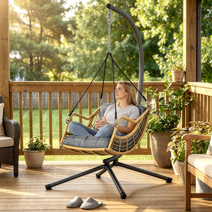 Fauteuil suspendu design résine tressée avec support acier et épais coussin gris