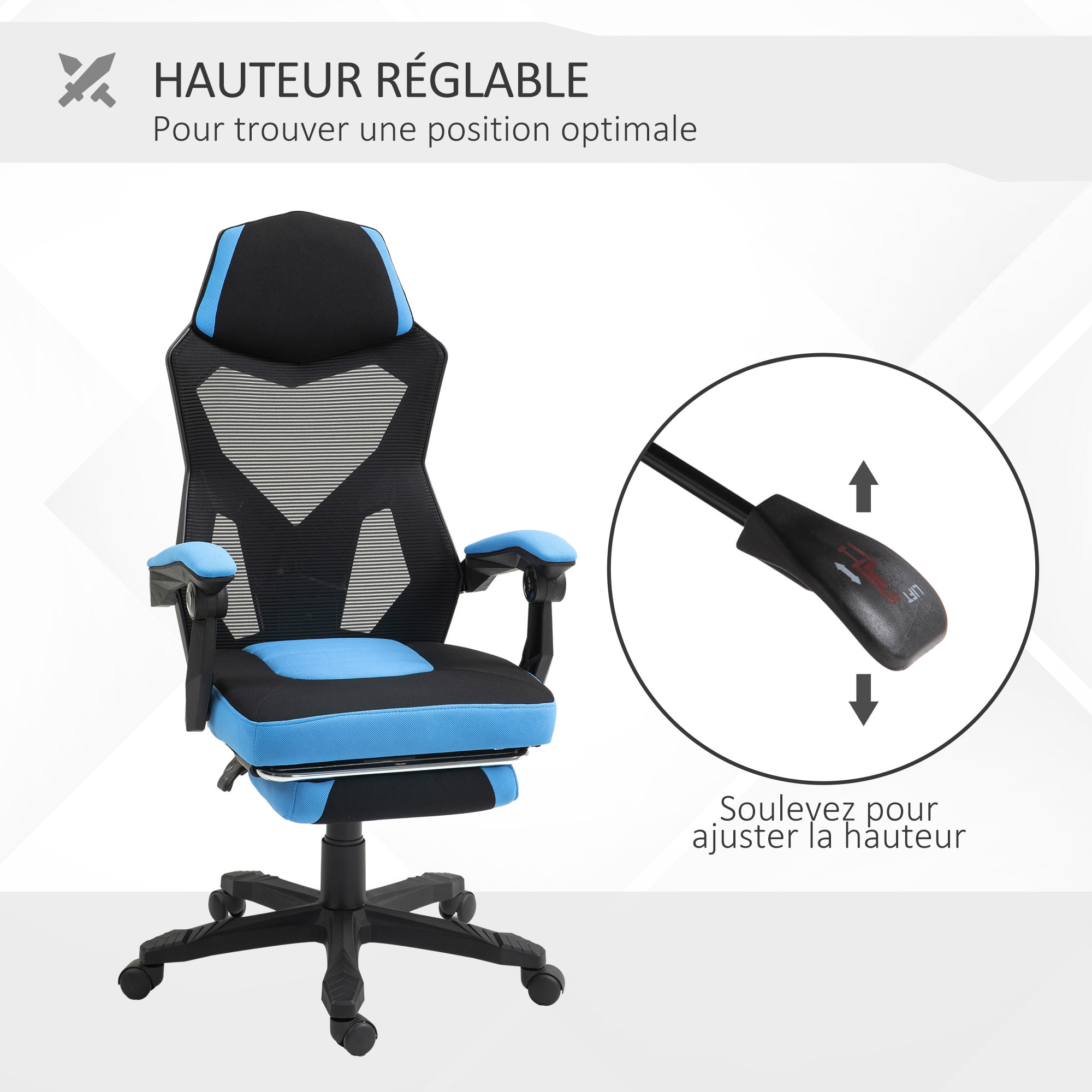 Fauteuil gaming chaise gamer dossier et hauteur réglable roulettes pivotantes repose-pied tissu maille bleu noir