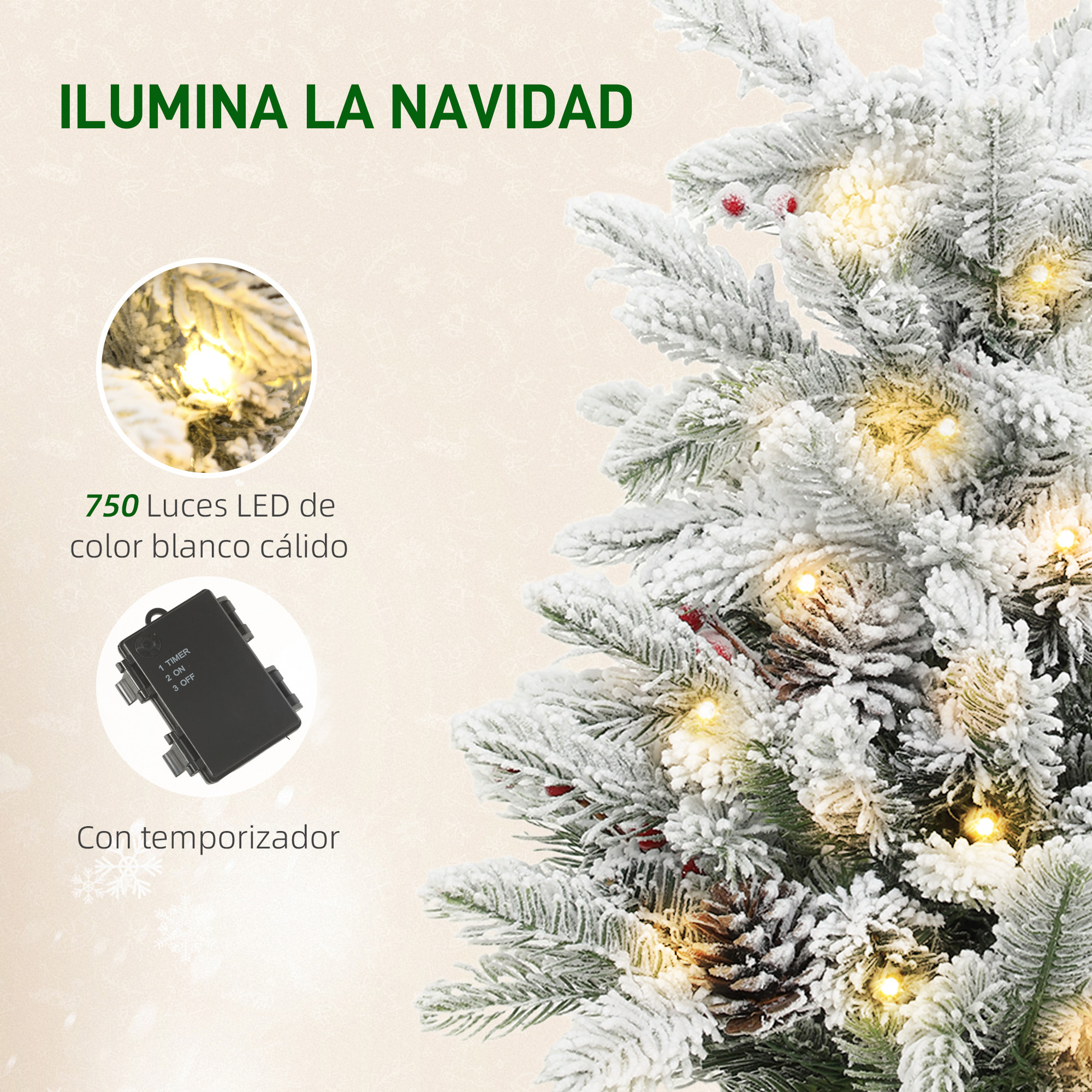 Árbol de Navidad con 35 Luces LED, 60 cm, Mini Árbol de Navidad Artificial con 182 Ramas Densas con Nieve, Piñas, Bayas y Base de Arpillera, Decoración Navideña de Mesa para Casa, Oficina Verde