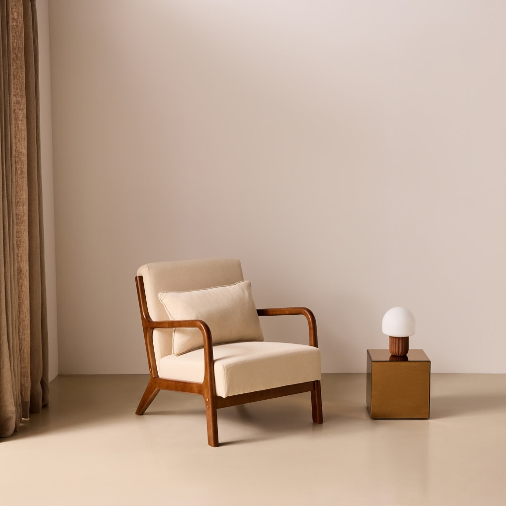 Fauteuil scandinave bois d'hévéa teinté noyer et tissu LORENS