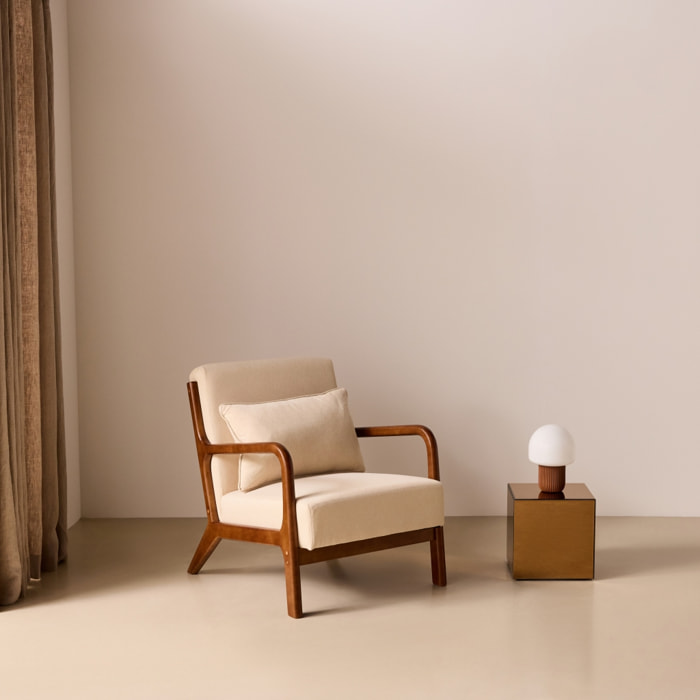 Fauteuil scandinave bois d'hévéa teinté noyer et tissu LORENS