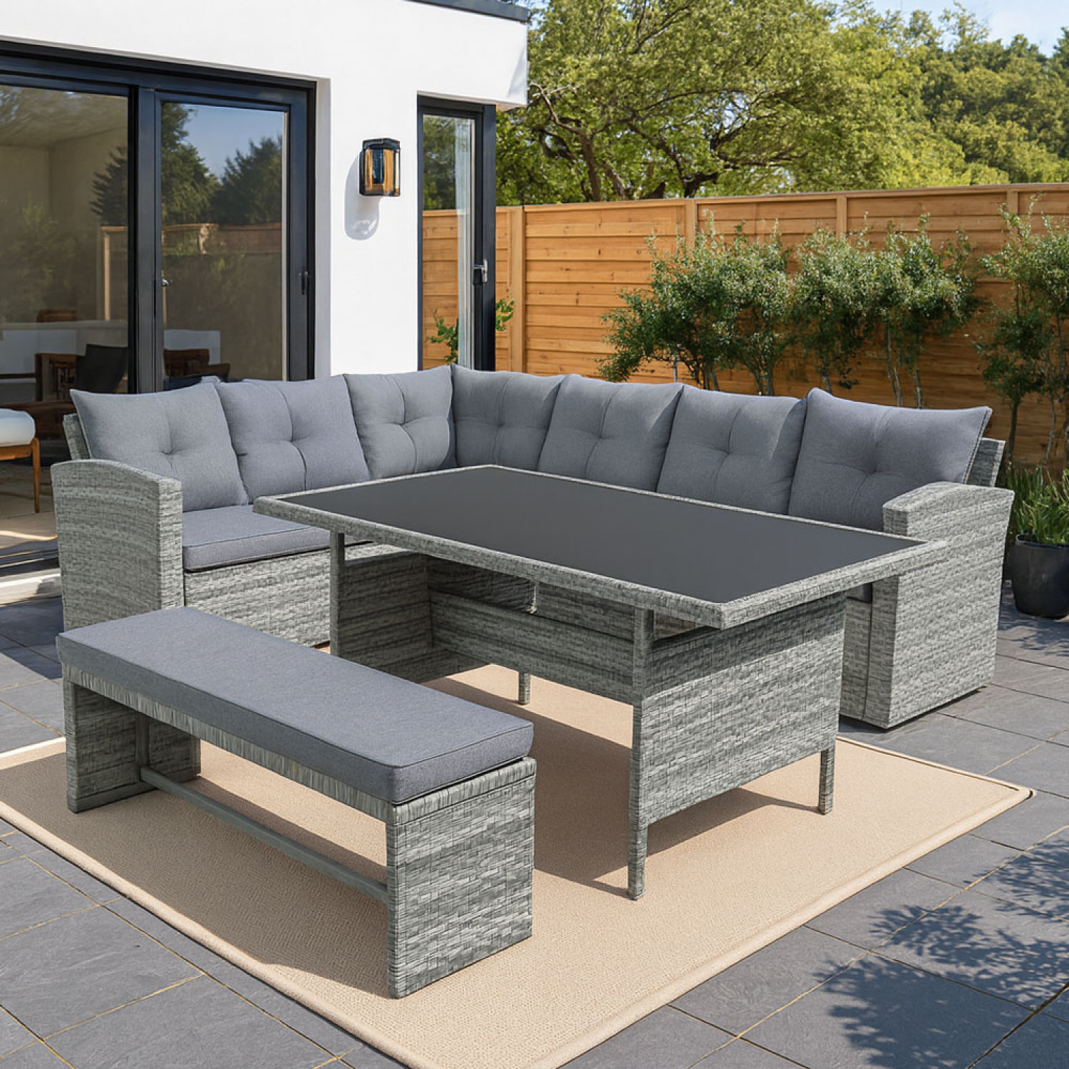 OSCAR Salon de jardin 8 places avec canapé d'angle en résine tressée grise