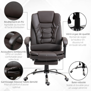 Fauteuil de bureau fauteuil manager grand confort réglable dossier inclinable repose-pied revêtement synthétique chocolat