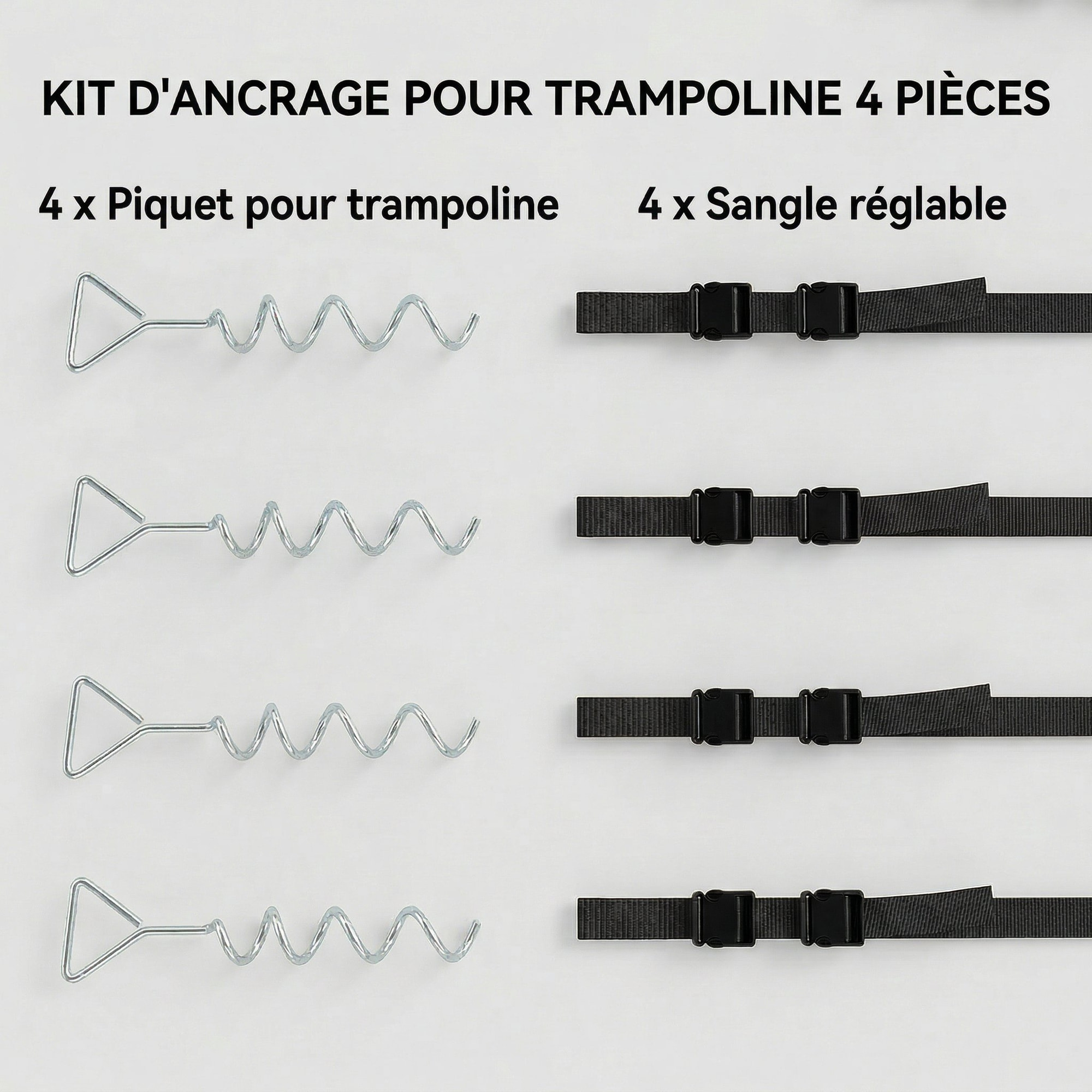 Kit complet d'ancrage trampoline 4 piquets spirales 4 sangles réglables