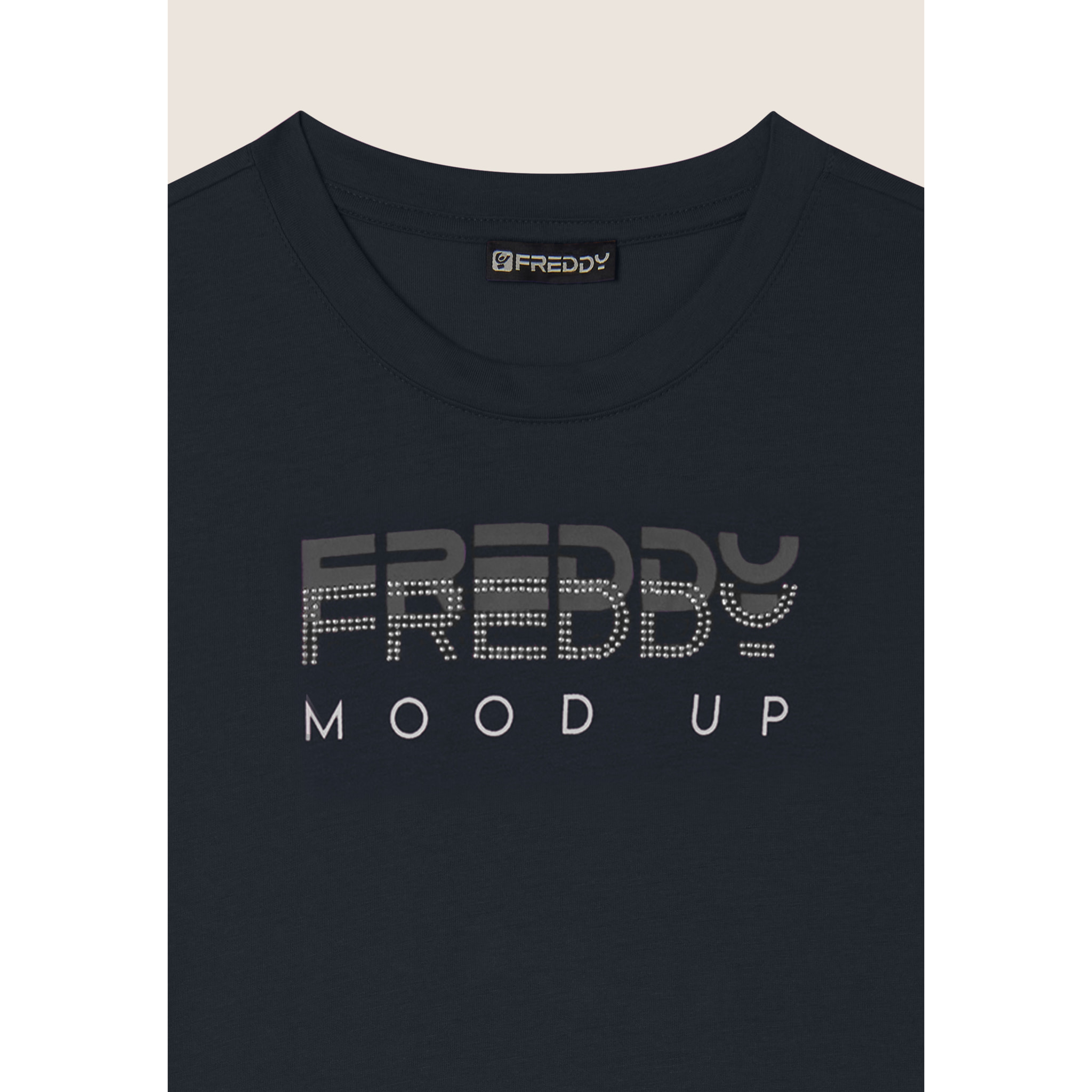 T-shirt girocollo con grafica dorata e perline