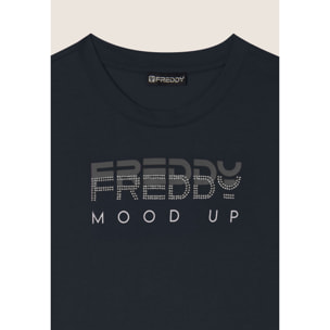 T-shirt girocollo con grafica dorata e perline