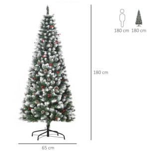 Árbol de Navidad Artificial Plegable 180 cm con Nieve Ignífugo con 618 Ramas 30 Bayas 34 Piñas Hojas de PVC Apertura Automática y Soporte Metálico Decoración Navideña para Interior Verde