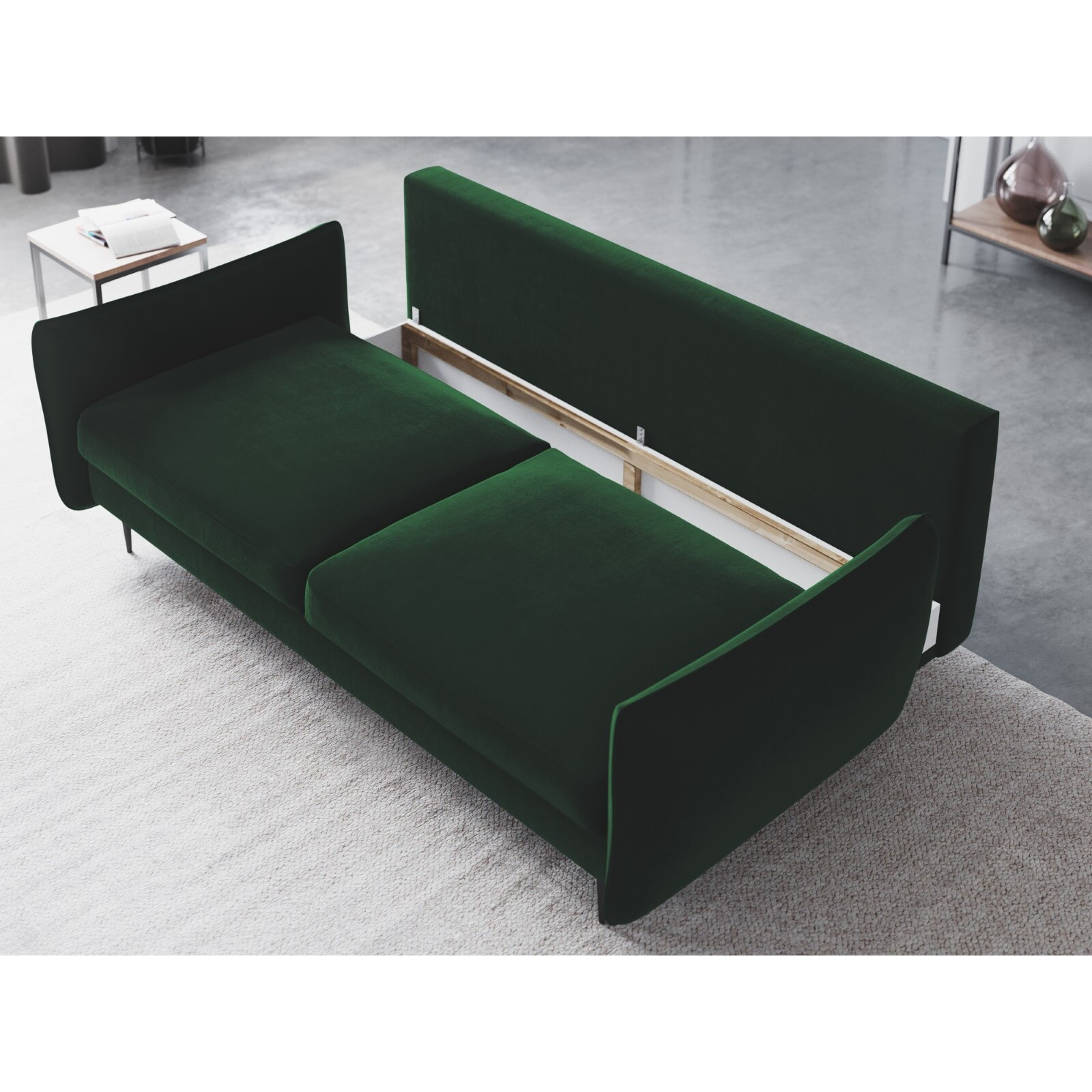 Canapé convertible avec coffre de rangement "Vermont" 3 places en velours vert bouteille