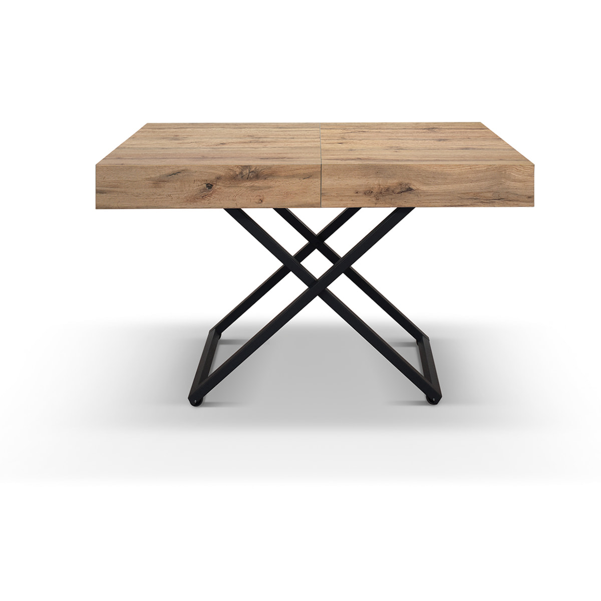 Tavolino CAMOGLI in legno, finitura rovere rustico e metallo verniciato nero trasformabile in tavolo da pranzo 120x80 cm - 220x80 cm altezza da 30 a 77 cm