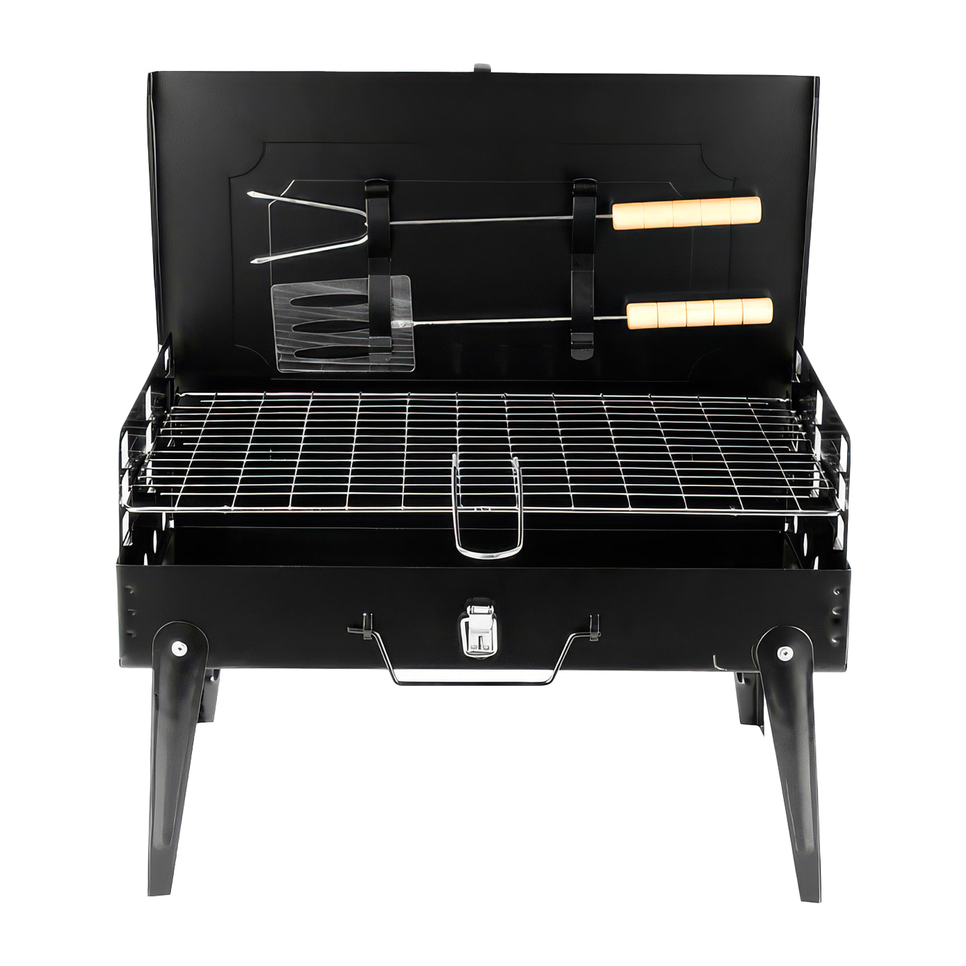 Barbacoa portátil plegable de carbón CA-07, grill regulable en tres alturas, ventilación optimizada y acabado resistente a la corrosión.