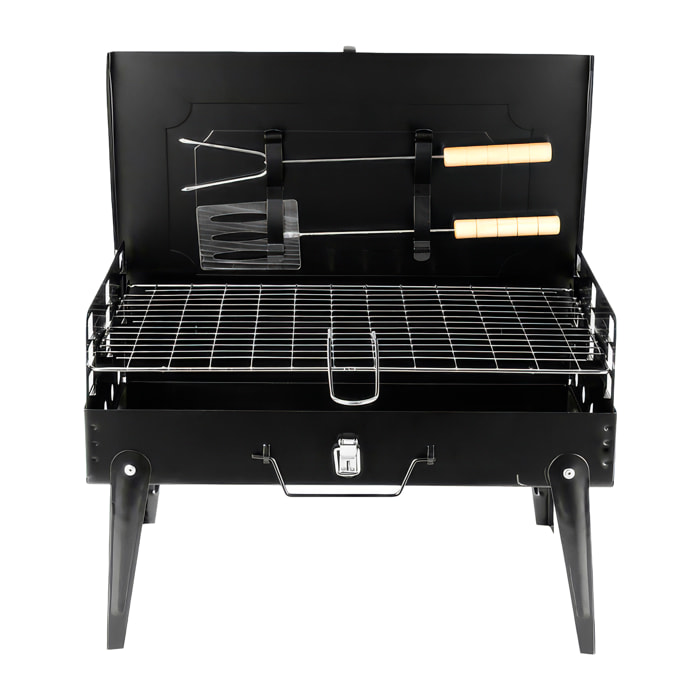 Barbacoa portátil plegable de carbón CA-07, grill regulable en tres alturas, ventilación optimizada y acabado resistente a la corrosión.