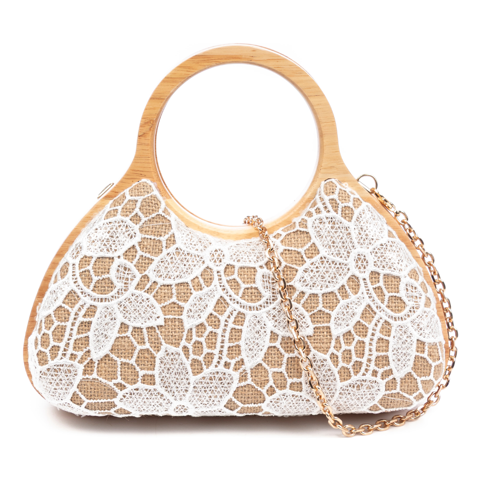 Avisio bolso de mano fabricado en madera natural, algodón y jute con diseño malla de tejido floral