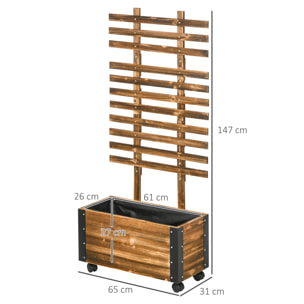 Jardinière avec treillis sur roulettes - inserts d'irrigation, géotextile inclus - métal bois sapin traité carbonisation
