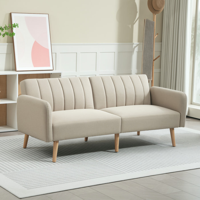 Sofá Cama de 2 Plazas Moderno 173x75x73 cm Sofá Cama Plegable Tapizado en Lino Sintético con Respaldo Ajustable en 3 Niveles y Reposabrazos Desmontables para Salón Oficina Beige