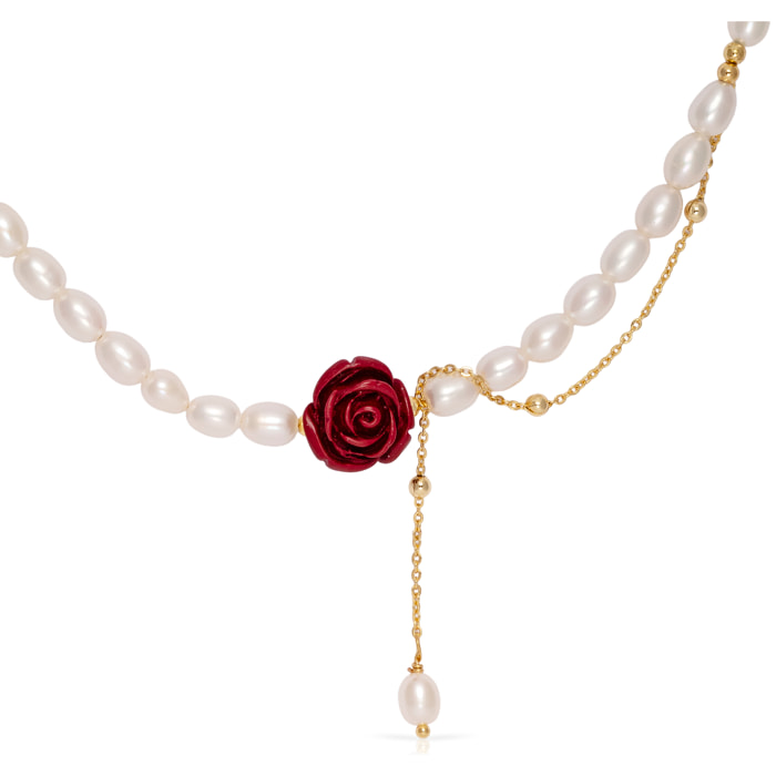Venere Collar de perlas naturales con adorno central de cinabrio y diseño de rosa, con cierre de mosquetón.