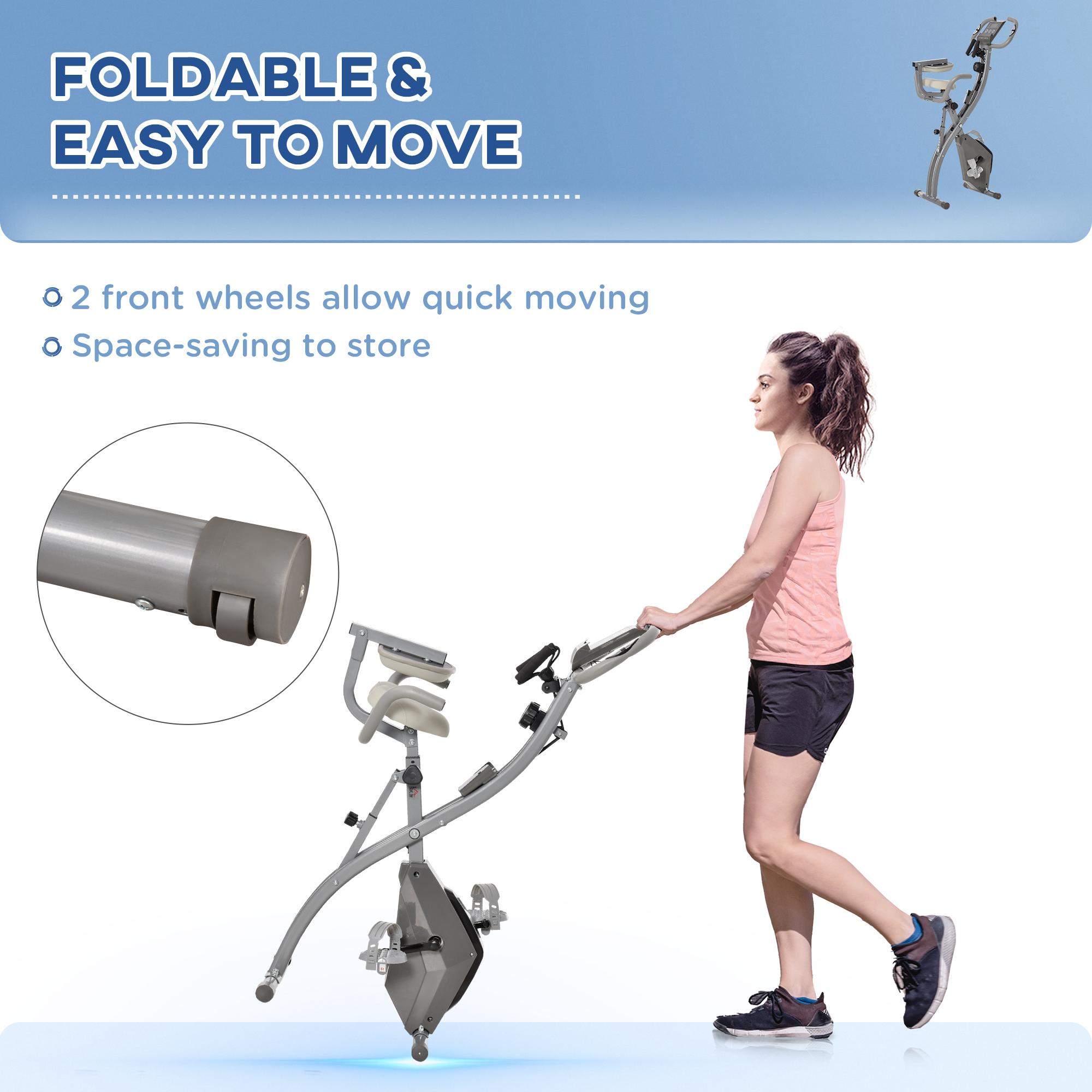 Vélo d'appartement pliant 8 niveaux de résistance magnétique dossier selle réglable poignées ergonomiques écran LCD multifonction suspensions support tablette acier gris