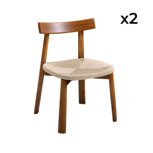 Lot de 2 chaises scandinaves en bois d'hévéa effet noyer et assise en corde beige
