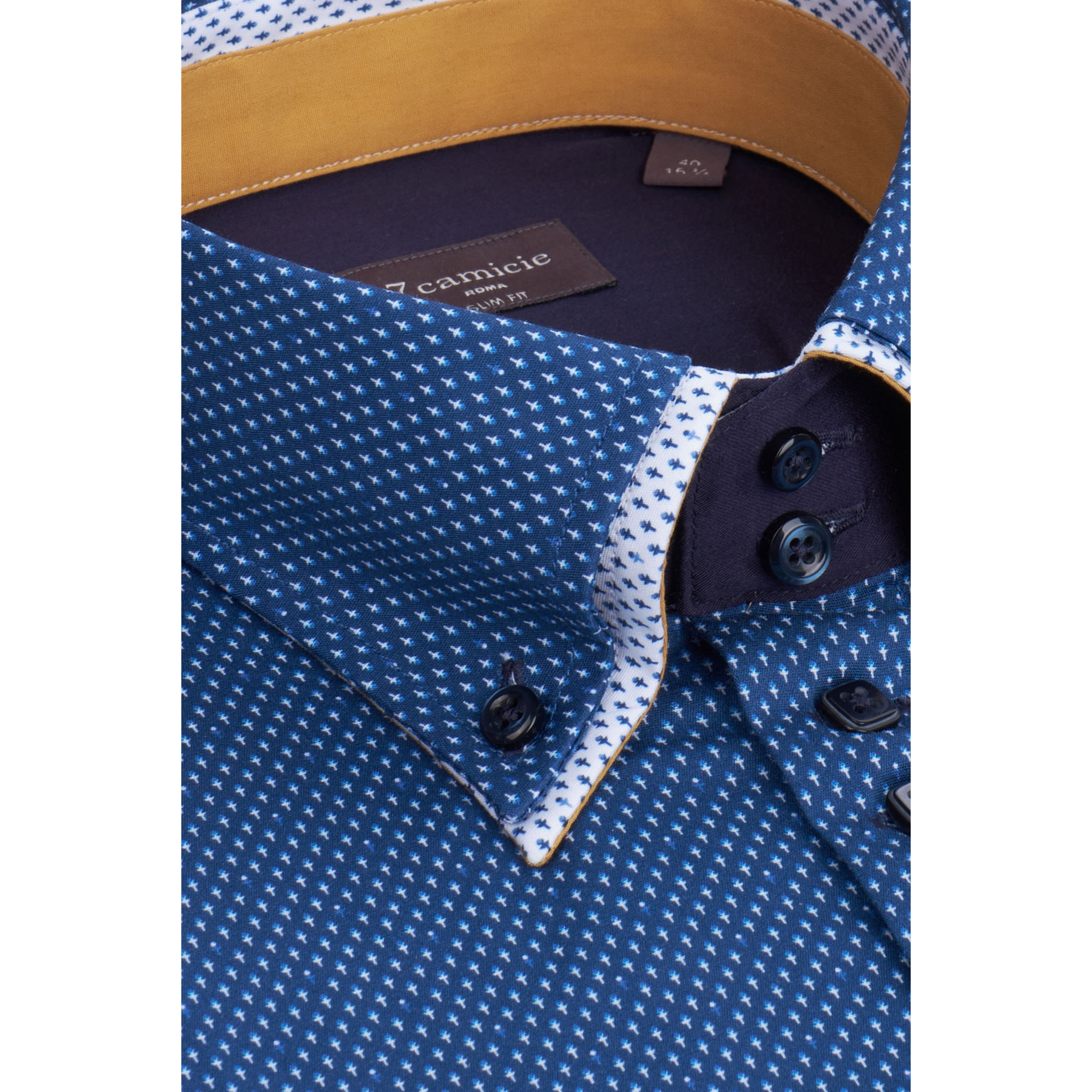 Camicia Uomo 2 Bottoni Button Down 7bottoni Doppio Coll Popeline Stampato Blu\Bianco