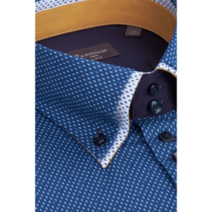 Camicia Uomo 2 Bottoni Button Down 7bottoni Doppio Coll Popeline Stampato Blu\Bianco