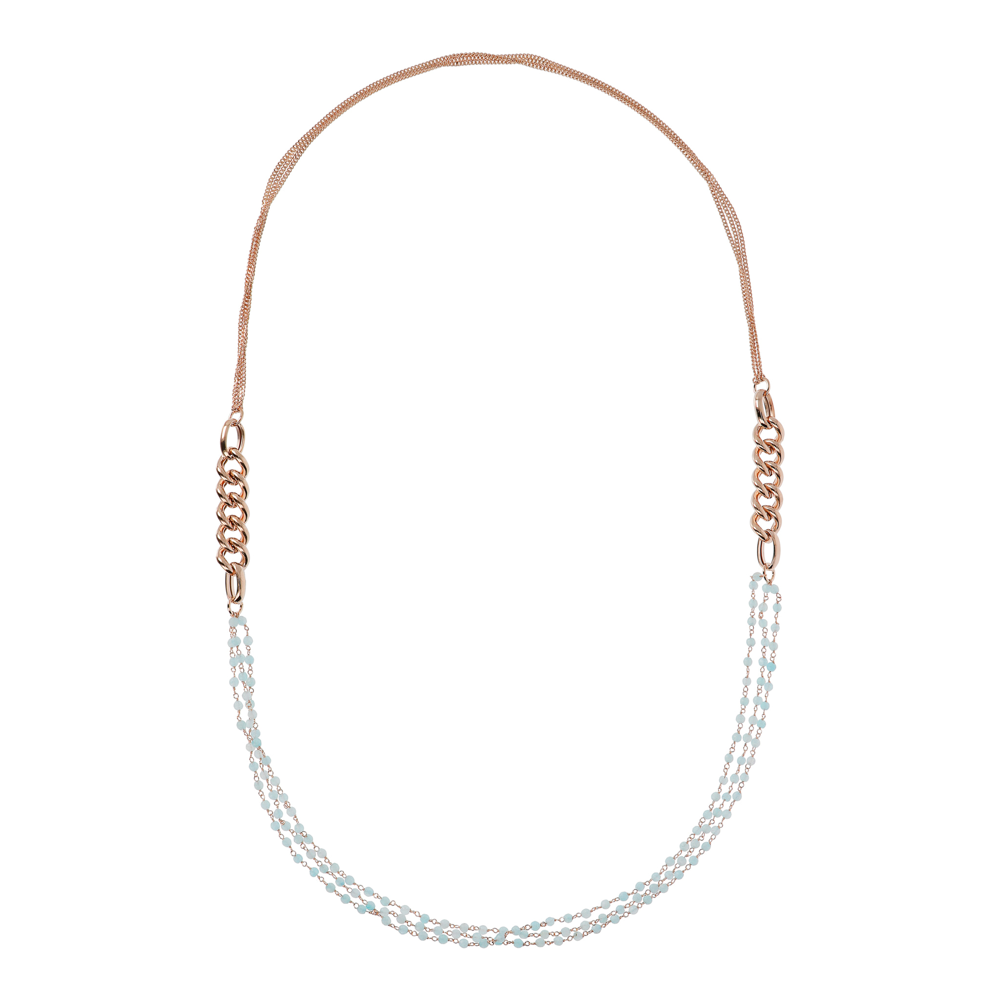 Collana Lunga Multifilo Catena Grumetta e Rosario con Quarzo Azzurro