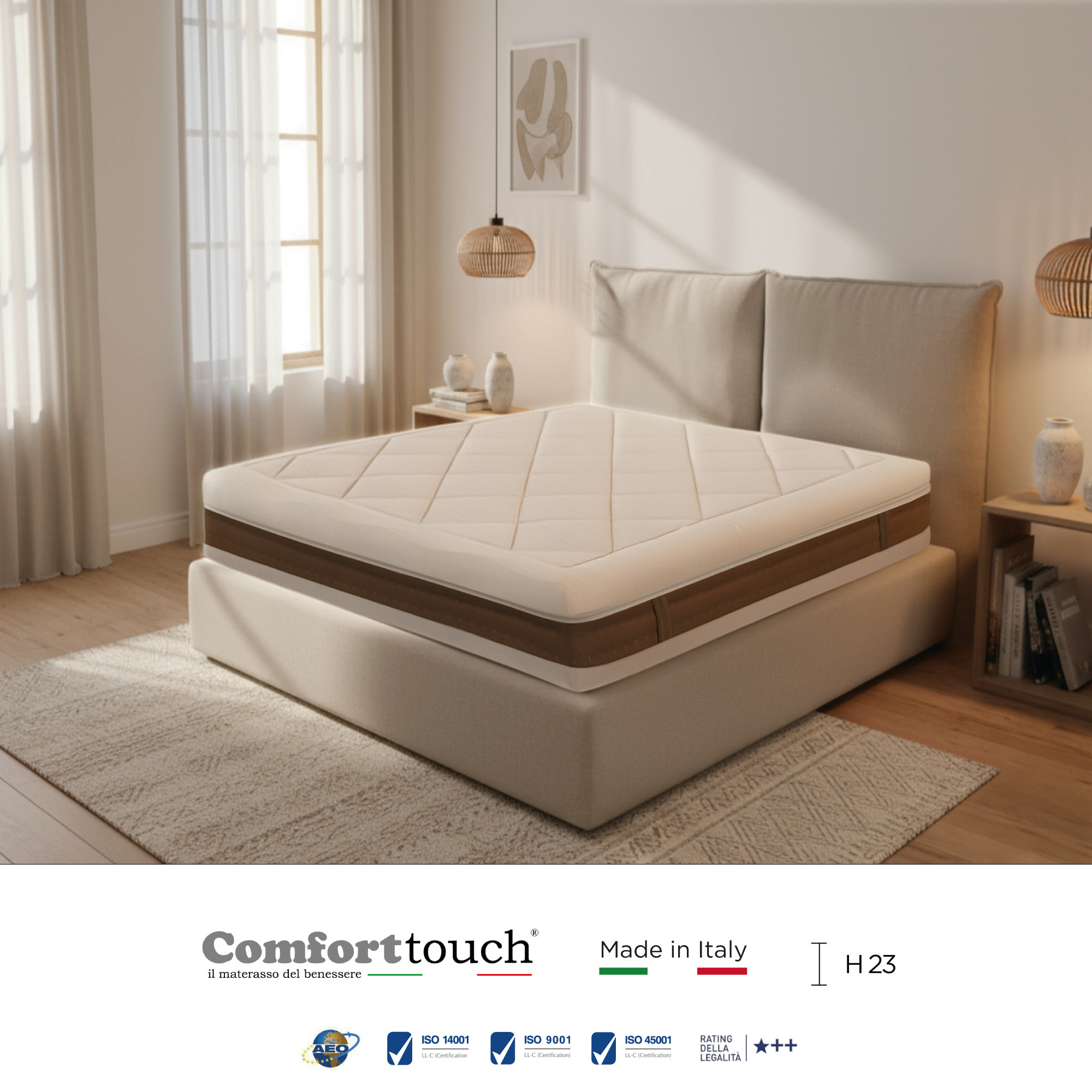 "Sun" H23 cm 180x200 2 guanciali Memory OMAGGIO sfoderabile Memory Foam a tre strati