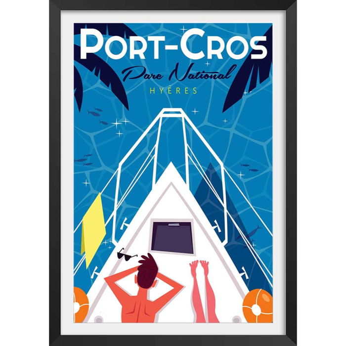 Poster de bronzette à port cros Affiche + cadre en bois - Noir