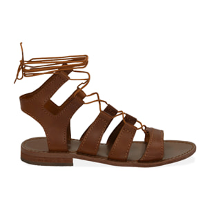 Sandalias gladiadoras coñac en piel de vacuno