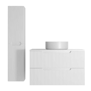 Meuble et colonne de Salle de Bains LEON 80cm Blanc Neige - Façades Ondulées - Vasque Ronde 36cm