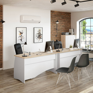 Scrivania Carrollton, Scrittoio da ufficio, Tavolo da studio porta PC con 3 cassetti, cm 136x67h74, Bianco e Rovere