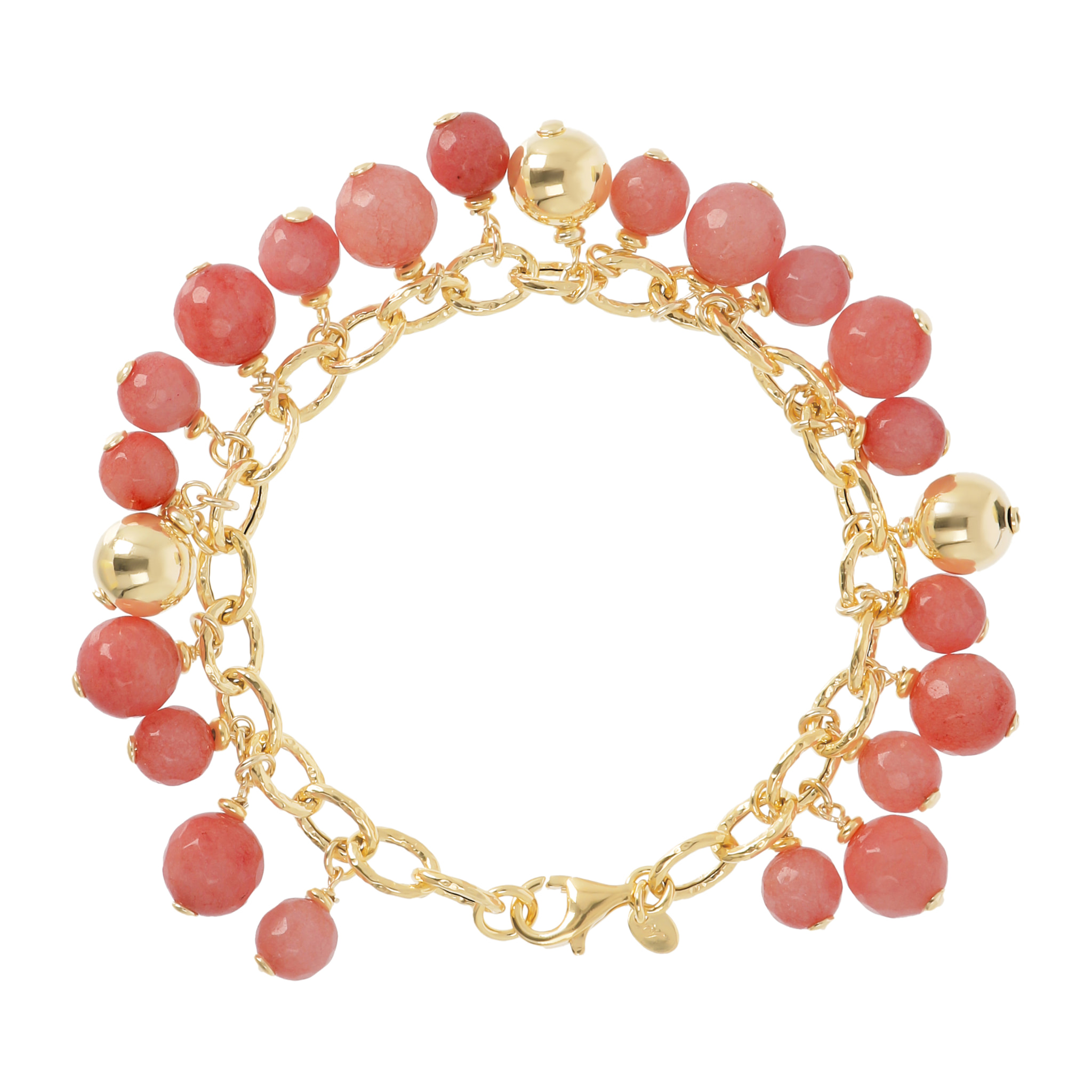 Bracciale Catena Rolo Martellata in Argento 925 placcato Oro Giallo 18kt con Ciondoli in Quarzite Rosa Sfaccettata