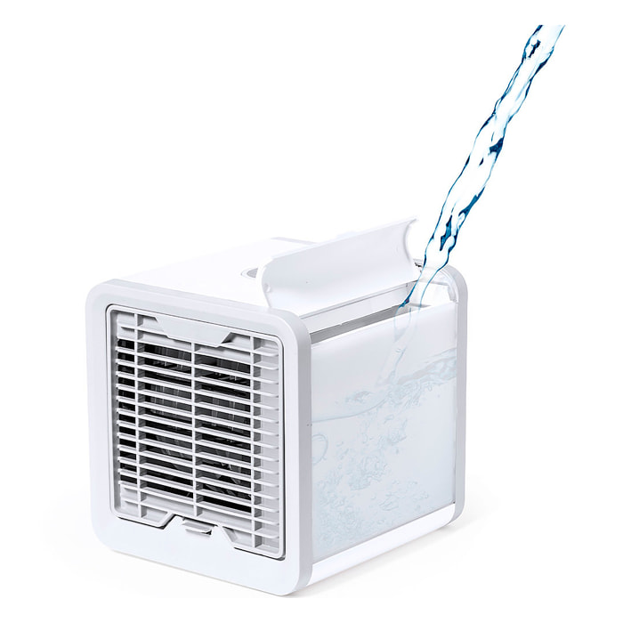 Mini aire acondicionado portátil con depósito de 700 ml, 3 velocidades y conexión USB. Con opción de añadir hielo y agua para un mayor efecto de enfriamiento.