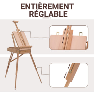 HOMCOM Chevalet d'artiste sur pieds pliable mallette de peinture chevalet avec rangement hauteur réglable  bois de hêtre clair