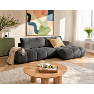 Yulin - Canapé d'angle ouvert droit 4 places convertible avec coffre en tissu bouclette - Gris