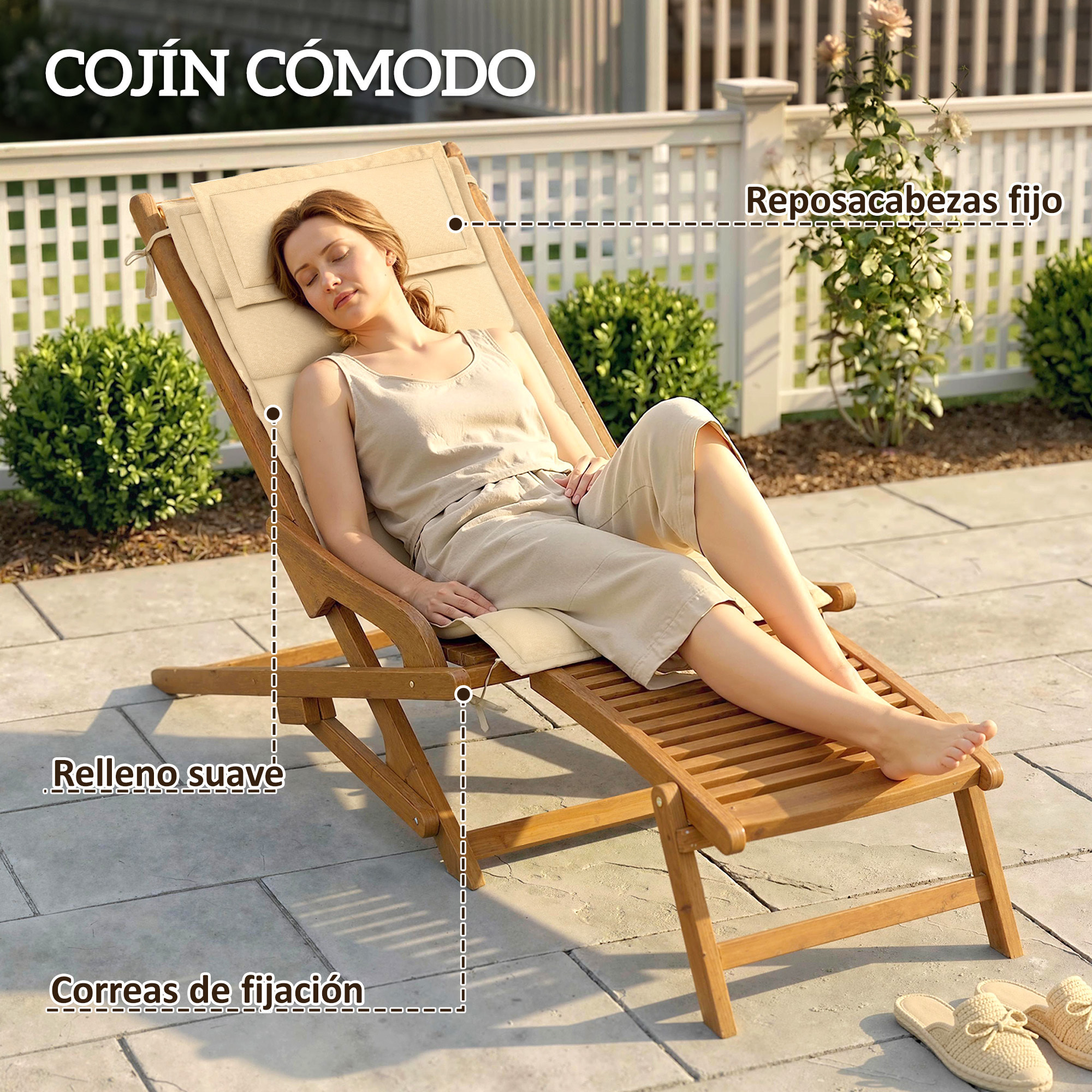 Tumbona Silla Plegable de Madera de Acacia, Silla de Jardín Exterior con Reposapiés Desmontable y Cojín con Reposacabezas, Carga 160 kg, para Terraza, Patio, Playa, 158x61x70 cm, Beige