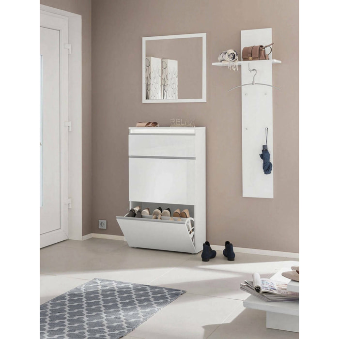 Scarpiera moderna, Made in Italy, a 2 ante e 1 anta a ribalta, Portascarpe da ingresso, cm 60x27h108, colore Bianco lucido