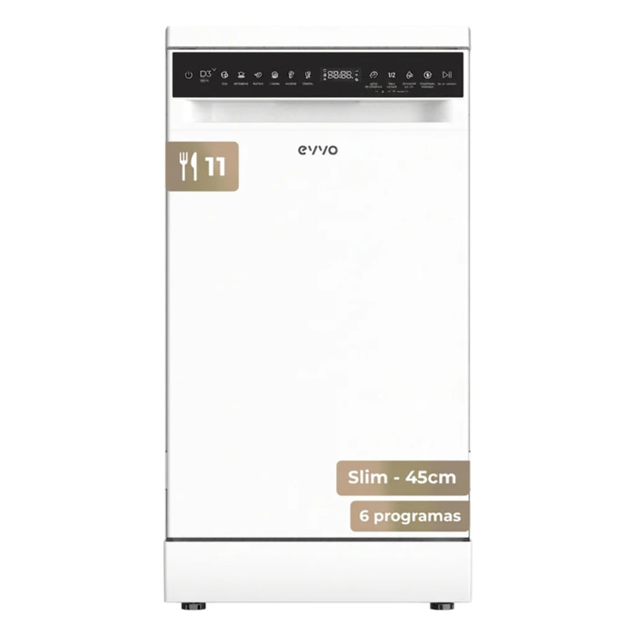 LAVAVAJILLAS EVVO D3 Slim (45 cm), 10 Cubiertos, 8 Programas, Blanco, Ancho 450 mm