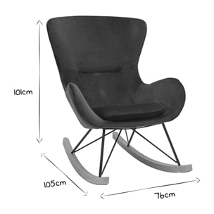 Rocking chair design en tissu velours bleu canard, métal noir et bois clair ESKUA