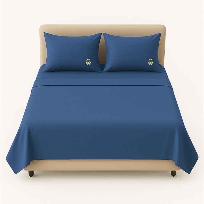 Set 4pzs sabana doble: sabana plana (240x280cm c/ dobladillo simple 5cm) + sabana bajera (160x200+40cm flap) + 2 funda de almohada (50x85cm) 100% alg