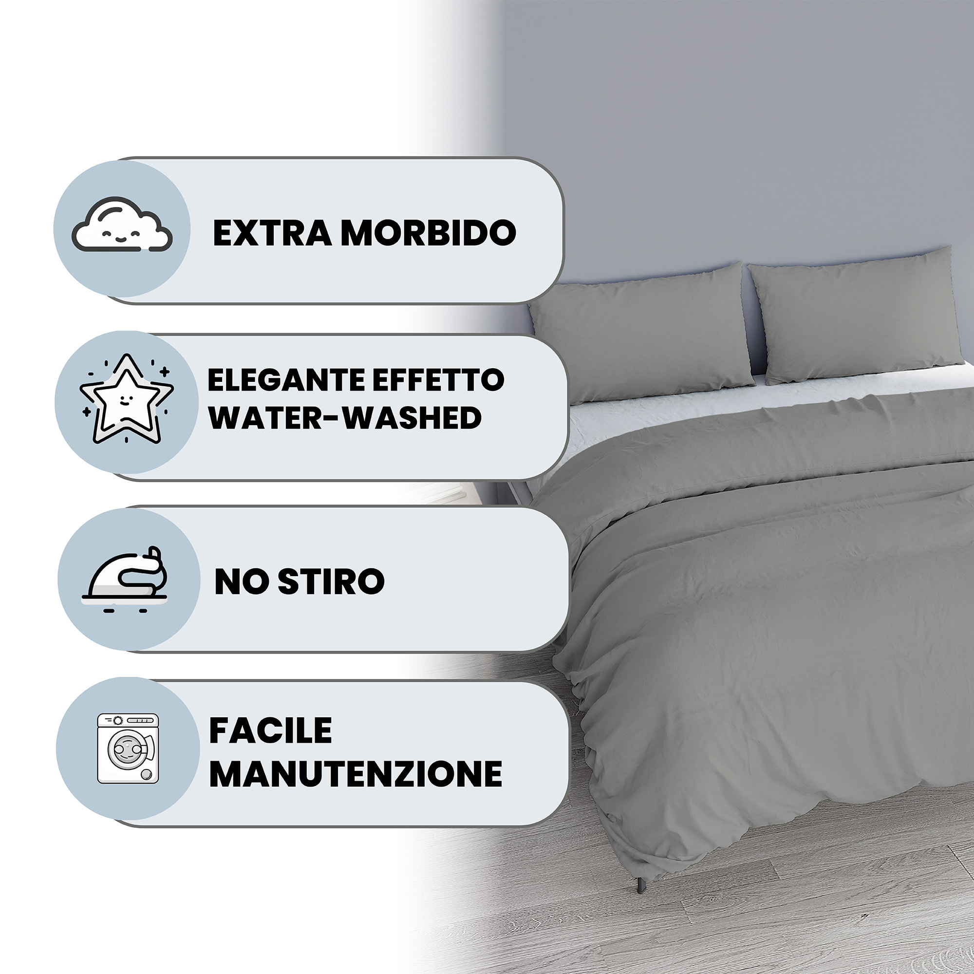 PARURE COPRIPIUMINO WATER WASHED, 100% Microfibra, No Stiro - GRIGIO CHIARO