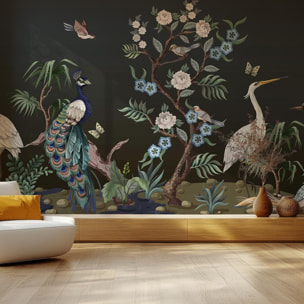 Papier peint panoramique oiseaux et nature élégante fond sombre Intissé