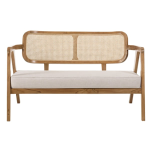 WILL - Canapé FLORES 2 p. en teck dossier cannage naturel coussin gris