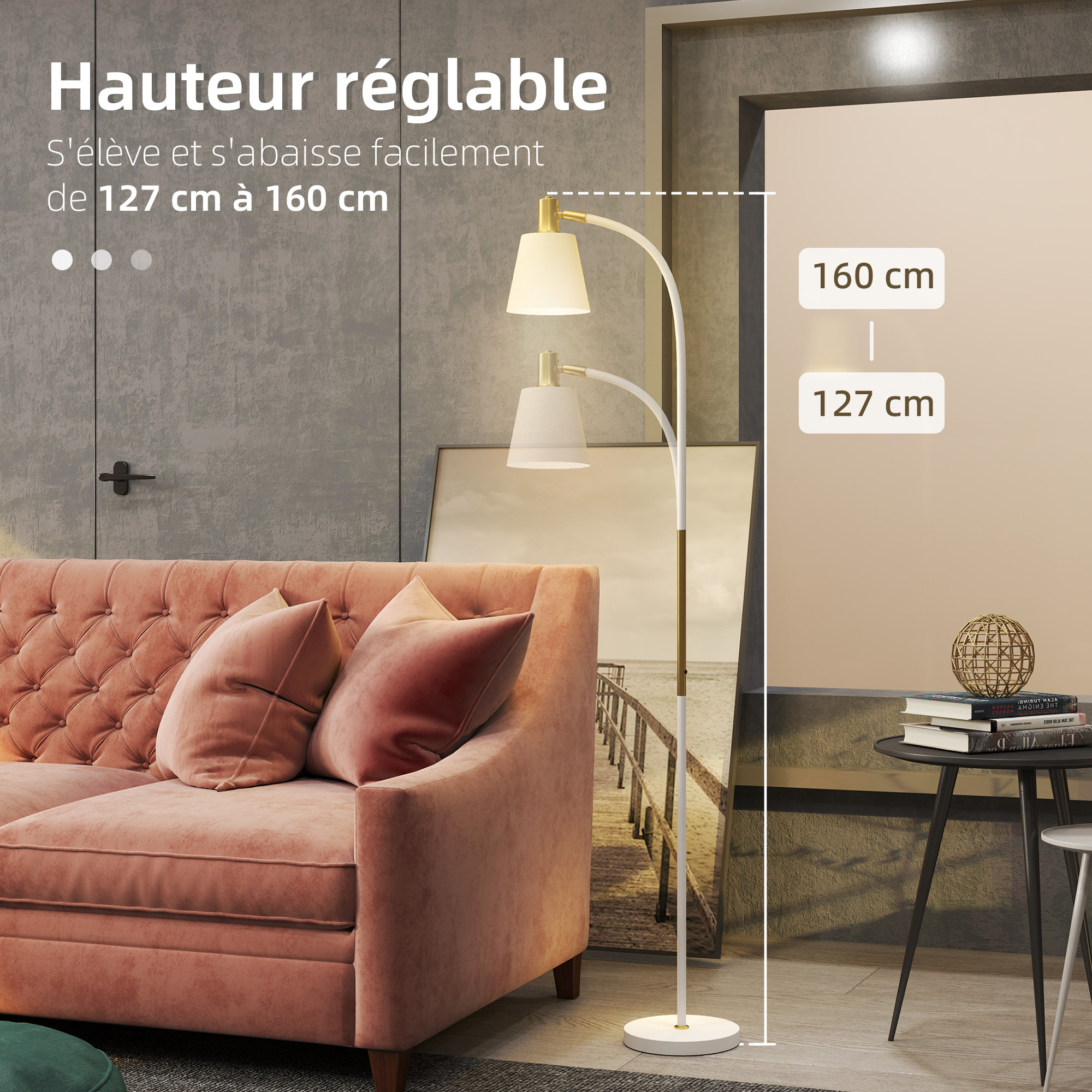 Lampadaire design néo-rétro hauteur réglable H.127-160 cm métal plastique blanc doré