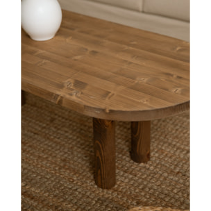 Mesa de centro ovalada de madera maciza en tono roble oscuro de 40x120cm Alto: 40 Largo: 120 Ancho: 50