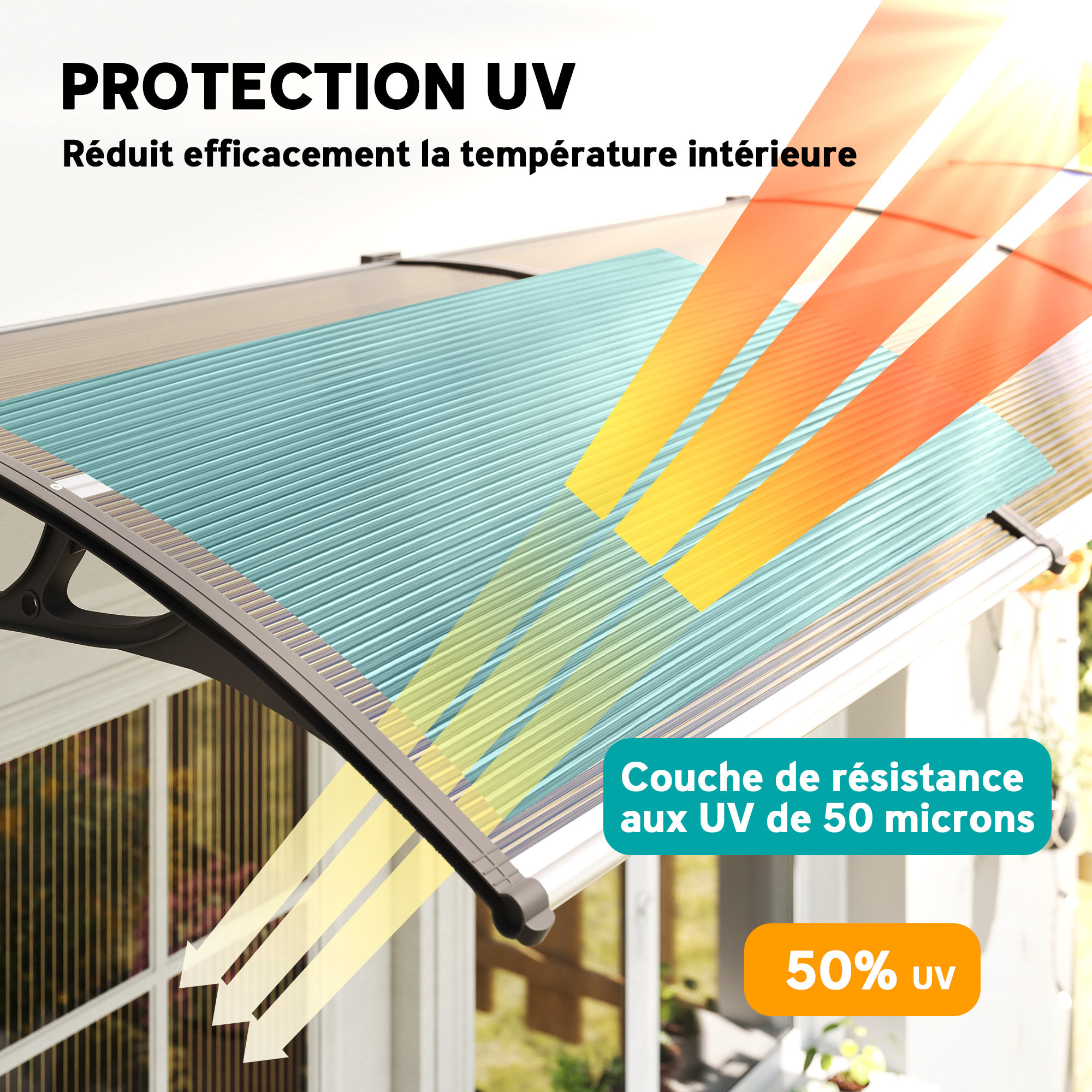 Auvent marquise de porte design voûté arrondi dim. 303L x 96l x 27H cm alu polycarbonate plastique marron noir