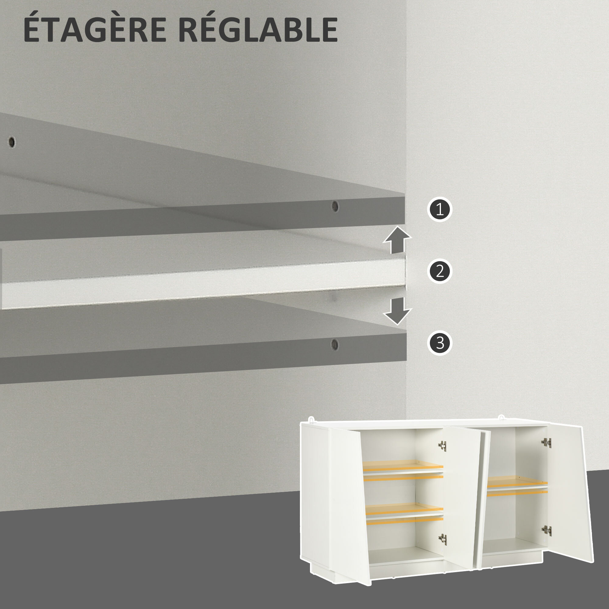 Buffet design façade blanc laqué 4 portes 2 étagères dim. 150 x 40 x 88 cm blanc