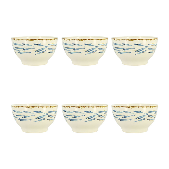 Lot de 6 bols 70cl en grès à motif poisson MARIUS