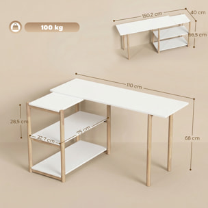 HOMCOM Escritorio Esquinero Plegable, 150 cm, Escritorio en L Moderno con Estantes de Almacenamiento y Marco de Bambú, Montaje Fácil, para Oficina en Casa, Dormitorio, Estudio, Blanco