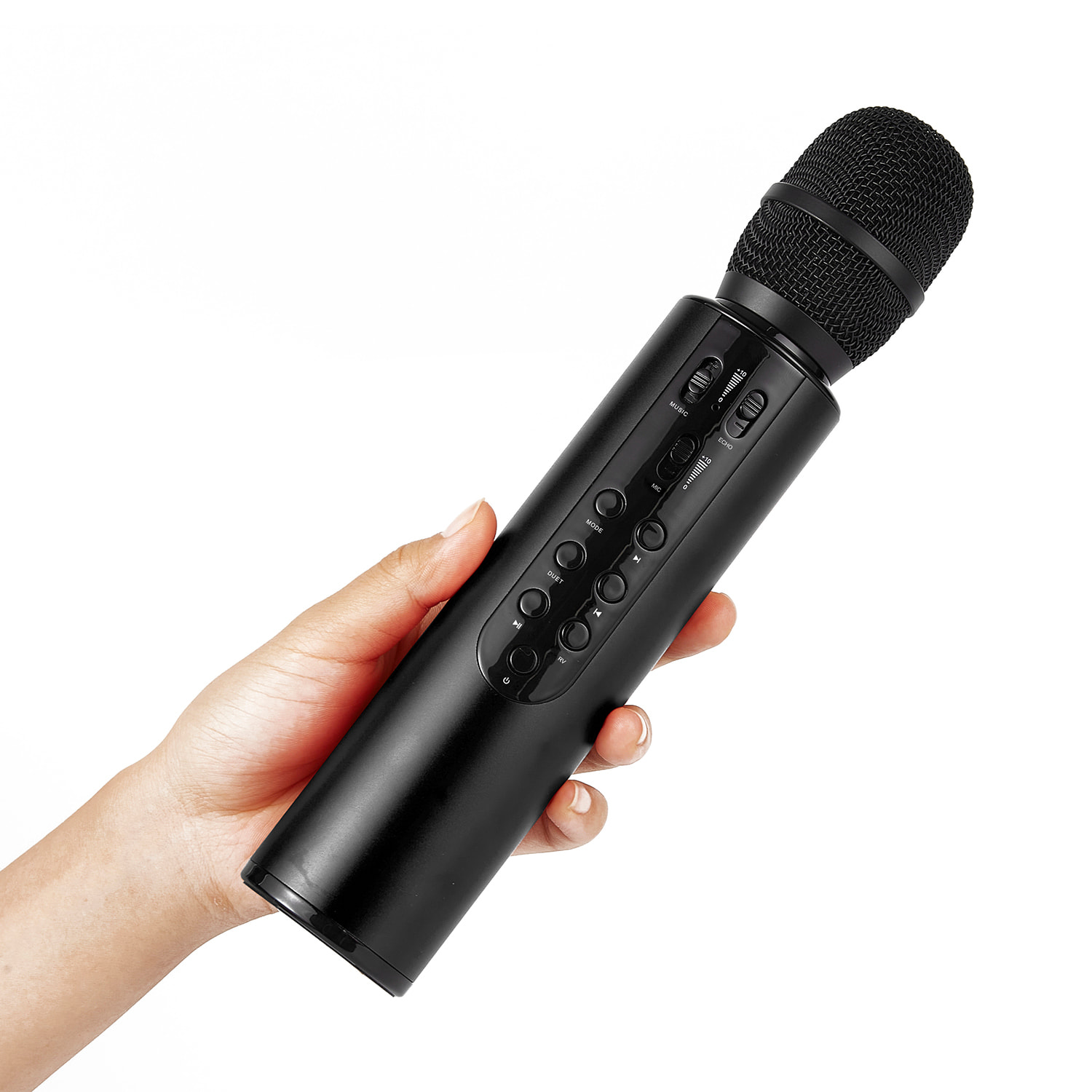 DAM Micrófono Karaoke con altavoz incorporado, Bluetooth 5.0. Batería de 2000mAh. Tipo condensador. 25x5x5 Cm. Color: Negro