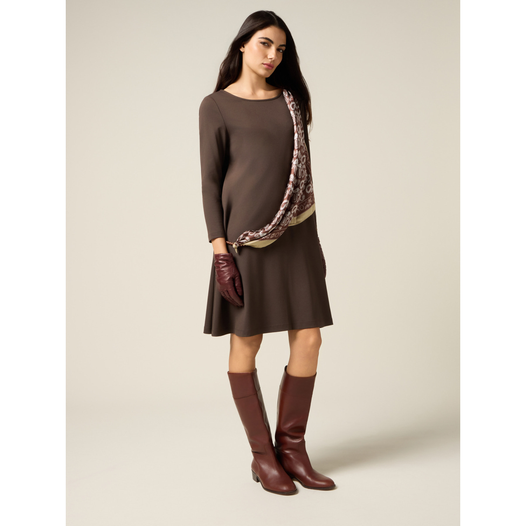 Oltre - Vestito flared con dettaglio foulard - Marrone